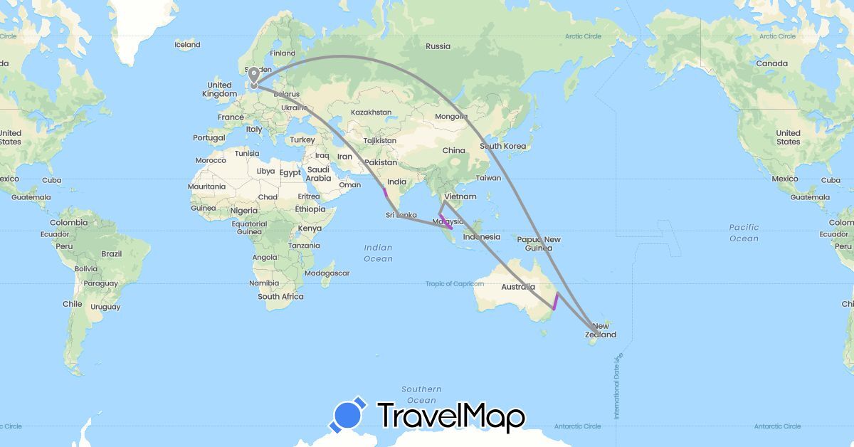 TravelMap itinerary: driving, plane, train in Australia, Denmark, India, Sri Lanka, Malaysia, New Zealand, Singapore, Thailand (Asia, Europe, Oceania)